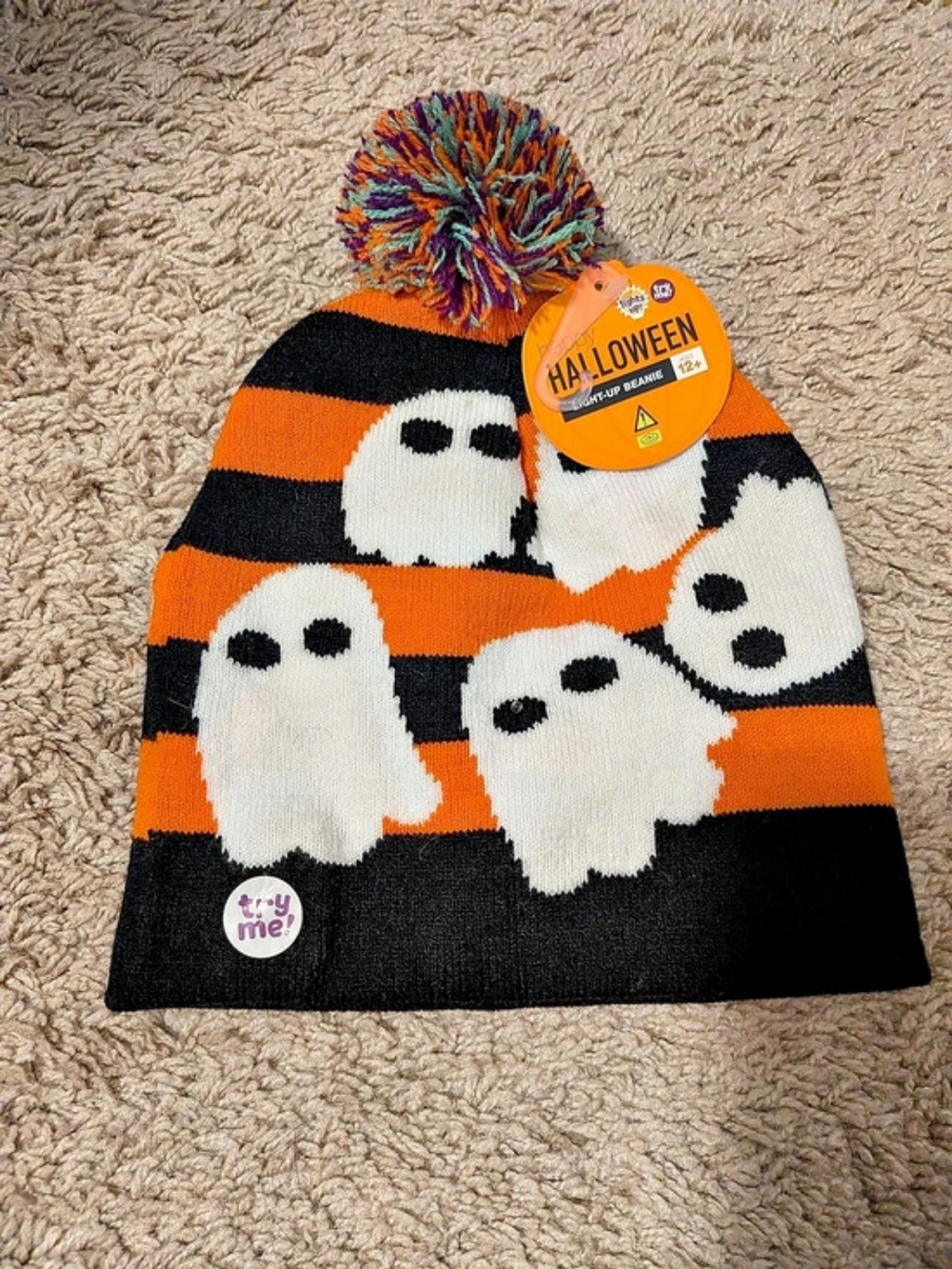 Light up Halloween Ghosts Striped Pom-Pom Hat NWT